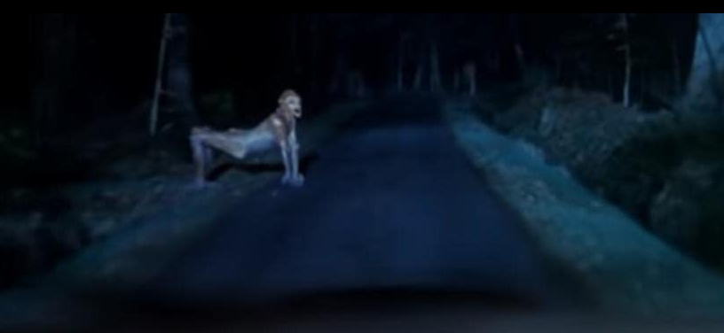 zdjęcie: człowiekopodobny potwór na czworakach na skraju wąskiej drogi w lesie